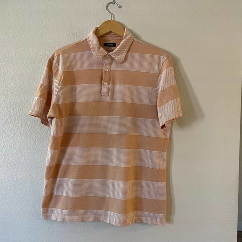 Alfani Size Large Mens Orange Striped Short Sleeve Button Polo Shirt